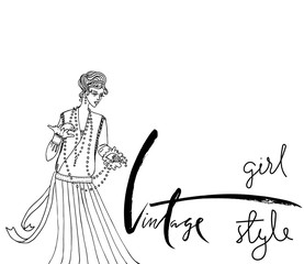 Uncolored Beautiful fashion woman. Retro style. Coloring book in vector. Vintage inspiration.