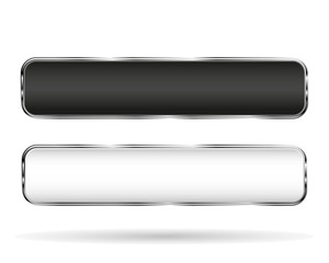 Buttons black and white with metal chrome frame isolated on white background with shadow, vector illustration