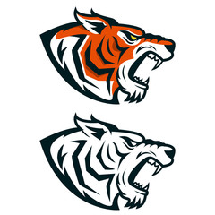 Tiger mascot. Head of angry tiger isolated on white background.