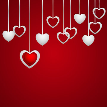 Hearts hanging on a red background, banner or card for your writing, stylish vector illustration EPS10