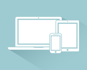 laptop computer, mobile phone, tablet PC icons electronic device template with shadow isolated on a green background flat style, stylish vector illustration