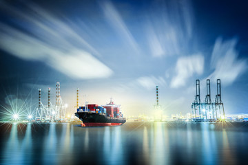 Logistics and transportation of International Container Cargo ship with ports crane bridge in...