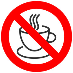 Forbidden sign with coffee or tea cup icon isolated on white background. Drinking coffee is prohibited vector illustration. Coffee and tea is not allowed image. Hot drinks are banned.