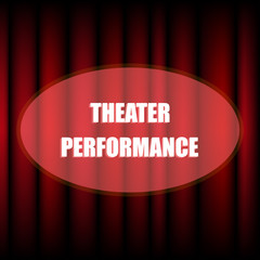 Spotlight on stage curtain with text. Stage with red curtains spotlights in theatre