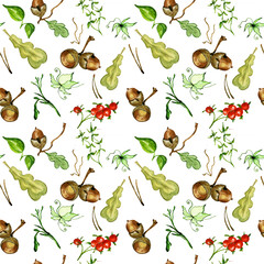 Watercolor autumn vintage bouquet of twigs,  oak leaves and acorns. Botanical watercolor seamless pattern.  You can use it in textile design, greeting cards, graphic design.