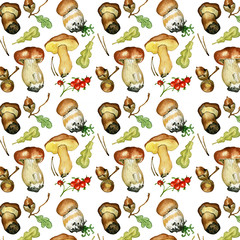 Seamless pattern with wild mushrooms. Hand drawn watercolor painting isolated over white background. Food Clipart illustration. boletus. porcini