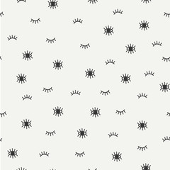 Hand drawn seamless pattern with open and close eyes. Wrapping paper. Abstract vector background. Casual texture. Illustration. Bohemian style. Tribal print. Ethnic doodle art elements. Eye pattern.