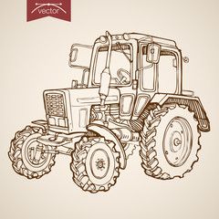 Engraving vintage hand drawn vector tractor Farm Sketch