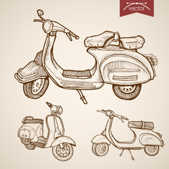 Obraz premium Engraving vintage drawn vector moped scooter transport Sketch