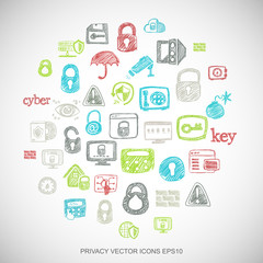 Multicolor doodles Hand Drawn Security Icons set on White. EPS10 vector illustration.