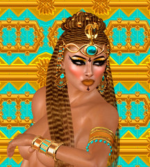 Fototapeta na wymiar Egyptian woman, beads, beauty and gold in our digital art fantasy scene. Perfect for Egyptian, fantasy and diversity themed projects plus more. It's a 3d render