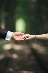 Wedding couple bride and groom holding hands