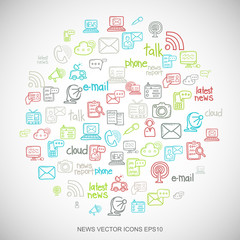 Multicolor doodles Hand Drawn News Icons set on White. EPS10 vector illustration.
