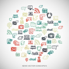 Multicolor doodles Hand Drawn News Icons set on White. EPS10 vector illustration.
