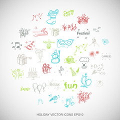 Multicolor doodles Hand Drawn Holiday Icons set on White. EPS10 vector illustration.