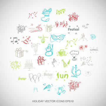 Multicolor doodles Hand Drawn Holiday Icons set on White. EPS10 vector illustration.