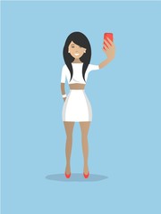 Lady in white makes selfie. There is a young brunette with phone in the picture. Vector illustration
