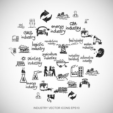 Black doodles Hand Drawn Industry Icons set on White. EPS10 vector illustration.
