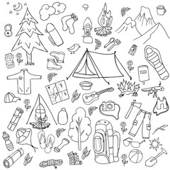 Recreation. Tourism and camping set. Hand drawn doodle  Elements - vector illustration