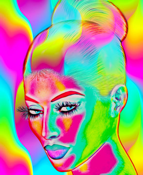 Abstract digital art image of a woman's face.  Perfect for themes of art, fashion, youth, fun, self expression and more, plus it's a 3d render so no worries about any model releases! 