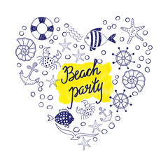 Beach party poster design. Set of doodle summer icons as heart isolated on white. Yellow watercolor splash with text. Vector illustration.