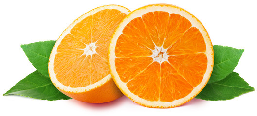 Perfectly retouched sliced halfs of oranges with leaves isolated on the white background with clipping path