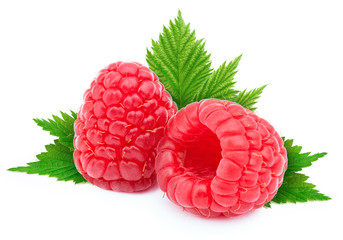 Two ripe raspberries with green leves isolated on white background with clipping path