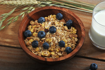 healthy Breakfast - cereal with blueberries in a wooden bowl