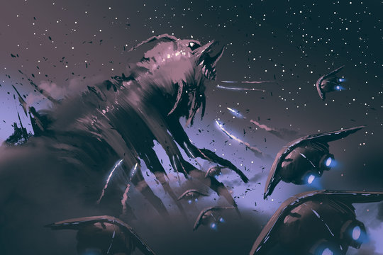 battle between spaceships and  insect creature,sci-fi concept illustration painting