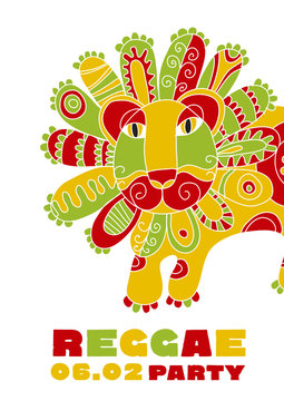 folk style lion  reggae mascot. color music poster on white back