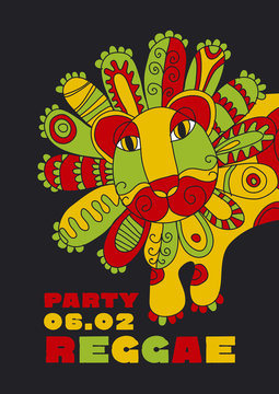 folk style lion  reggae mascot. color music poster. Jamaica post