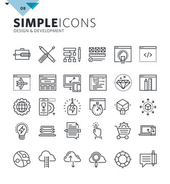 Modern thin line icons of design and development. Premium quality outline symbol collection for web design, mobile app, graphic design. Mono linear pictograms, infographics and web elements pack.
