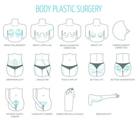 11 line body plastic surgery icons. Flat design. Vector - obrazy, fototapety, plakaty