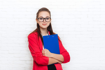 Businesswoman hold folder smile wear red jacket glasses