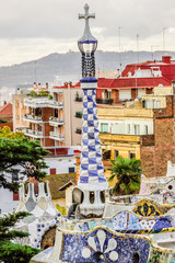 Gatehouse at main entrance to Park Guell (1914). Barcelona, Spain.