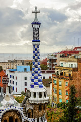 Gatehouse at main entrance to Park Guell (1914). Barcelona, Spain.