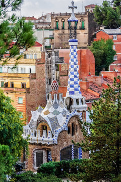 Gatehouse at main entrance to Park Guell (1914). Barcelona, Spain.