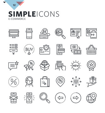 Modern thin line e-commerce web icons. Premium quality outline symbol collection for web and graphic design, mobile app. Mono linear pictograms, infographics and web elements pack.