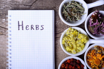 Herbs & notebook on wooden background