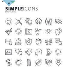 Modern thin line icons of dental care and dentist services. Premium quality outline symbol collection for web and graphic design, mobile app. Mono linear pictograms, infographics and web elements pack