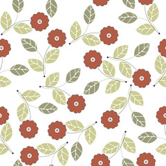 Beautiful seamless pattern with red flowers and green leaves iso