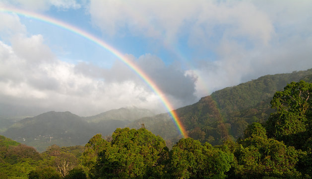 Double rainbow nature background in a tropical forest with cloudy skies.