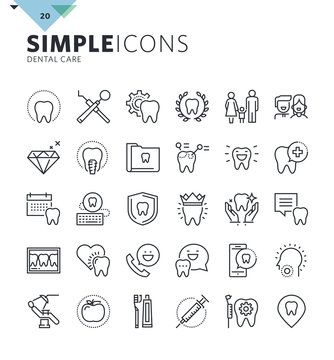 Modern thin line icons of dental care and dentist services. Premium quality outline symbol collection for web and graphic design, mobile app. Mono linear pictograms, infographics and web elements pack