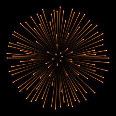 Orange fireworks isolated on black background. Vector illustration