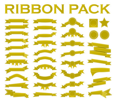Big set of embroidered gold ribbons and stumps isolated on white. Can be used for banner, award, sale, icon, logo, label etc. Vector illustration
