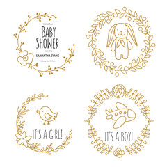 Baby shower invitation templates set. Hand drawn vintage illustration.