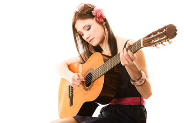 Music lover, summer girl with guitar isolated
