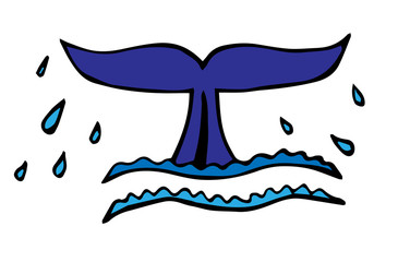 Tail of whale or big fish which peeks out from water with sparks