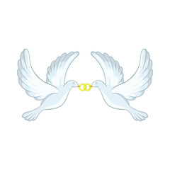 Doves with rings icon in cartoon style isolated on white background. Bird symbol