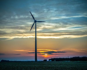 Windräder im Sonnenuntergang auf dem Feld